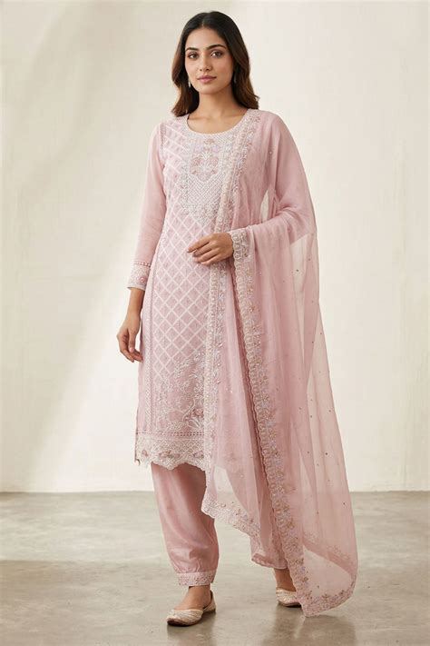 light onion pink  piece salwar suit set  organza chiffon kurti