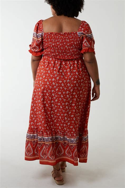 Curve Shirred Floral Burnt Orange Maxi Dress - Rebel Yells