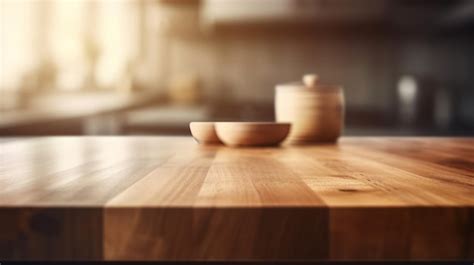 premium photo close    wooden table   modern kitchen