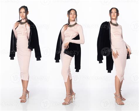 Full length body of Asian beautiful woman wear pastel pink evening