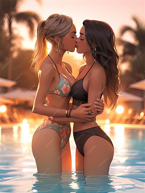 Premium Photo | Two Beauty hot anime lesbian girls kissing in pool mini
