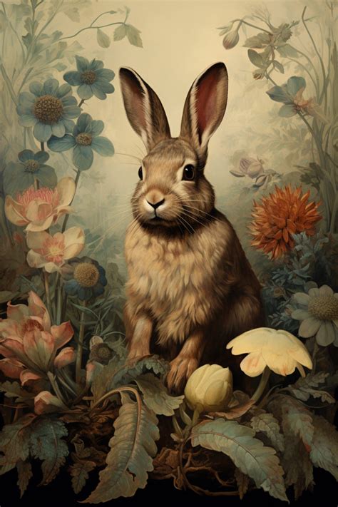 vintage cottagecore enchanting rabbit floral canvas botanical gallery