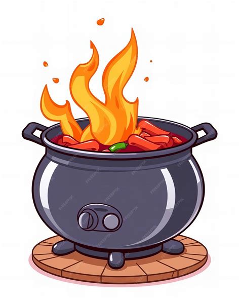 Cartoon pot of hot food with flames on a wooden board | Premium AI
