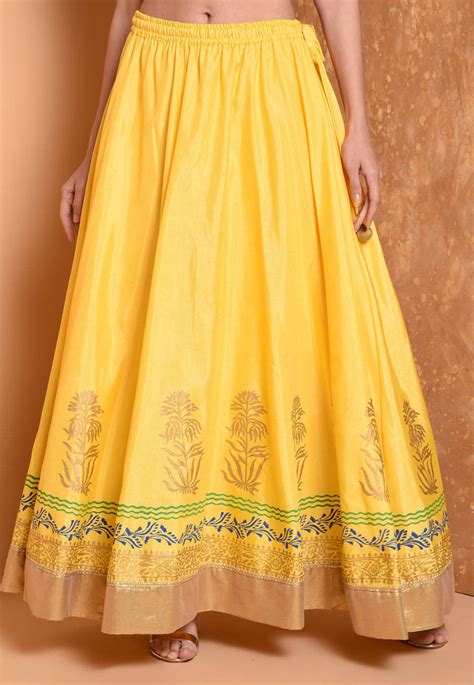 Buy Foil Printed Dupion Silk Flared Skirt in Yellow Online : BHG117 ...