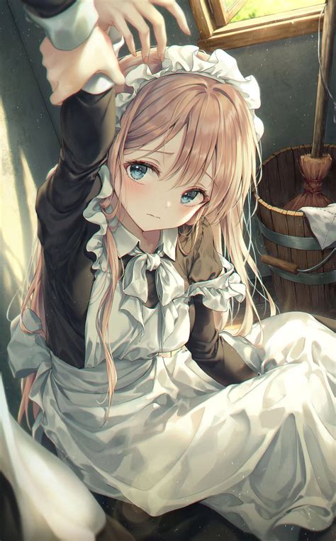 blonde, blue eyes, long hair, R O Ha, anime, anime girls, maid, maid
