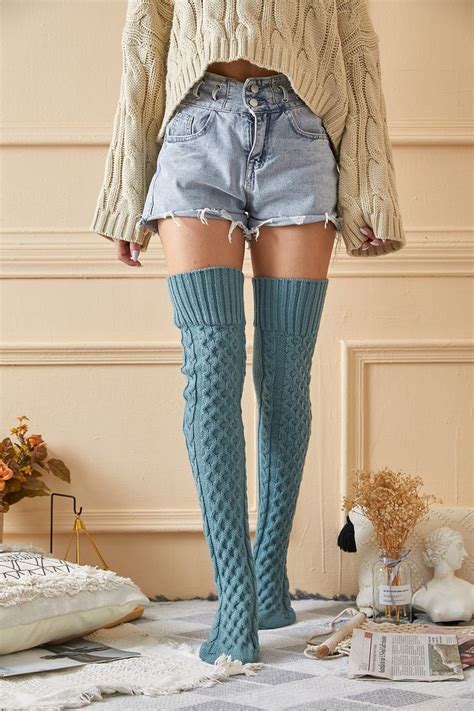 New Winter Warm Long Leg Warmers Women Bule Over Knee High Socks Cable