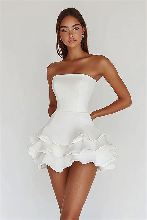 zapakasa women white satin short ruffled graduation dress strapless