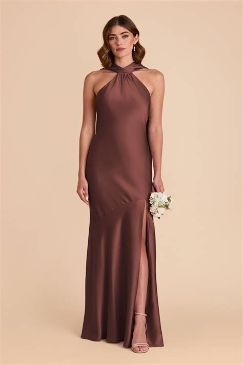 Eileen Chocolate Brown Satin Halter Bridesmaid Dress | Birdy Grey