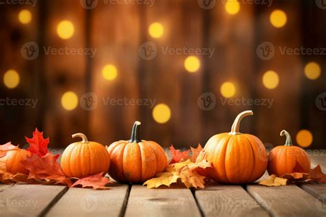 Thanksgiving background. Pumpkin and dry leaves on rustic wooden table ...