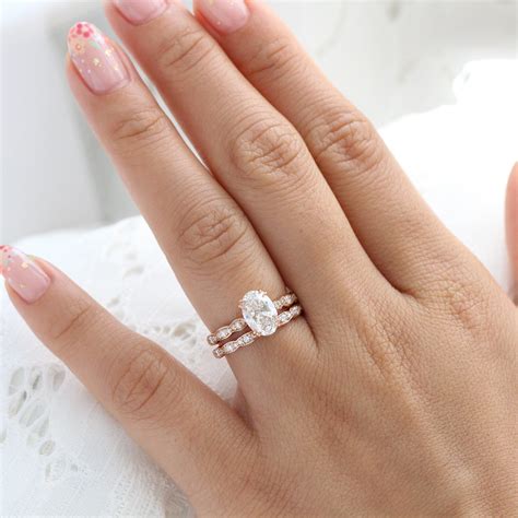 Large Oval Lab Diamond Ring Bridal Set Rose Gold Solitaire Ring Stack