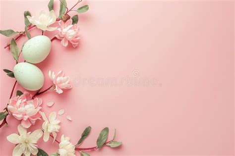 Pink Easter Background with Eggs, Flowers and Copy Space for Text. Soft ...