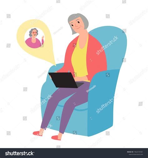 Cartoon Granny Using Computer Talking Online: vector de stock (libre de