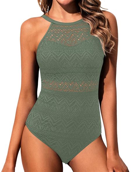 Holipick Olive Green Crochet Tummy Control One Piece Swimsuit Modest