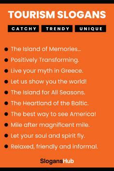 an orange and black poster with the words tourism slogans, catchy trendy unique