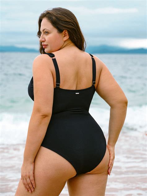 Black V Neck Ruched Plus Size One-Piece Swimsuit & Reviews - Black