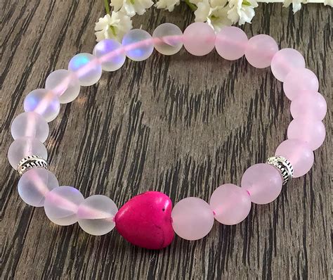 Rose quartz and crystal beaded bracelet with heart pendant, protection ...