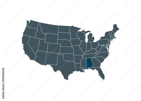 Map of Alabama on USA map. Map of Alabama highlighting the boundaries ...