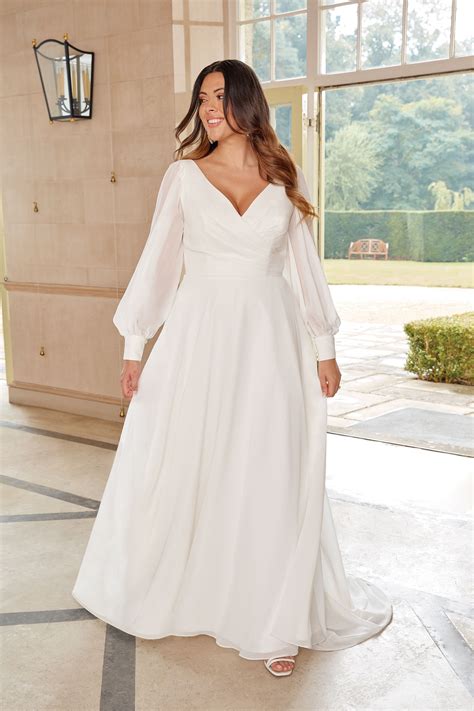 Style 44264PS: Plus Size Chiffon A-Line Gown with V-Neckline and Bishop