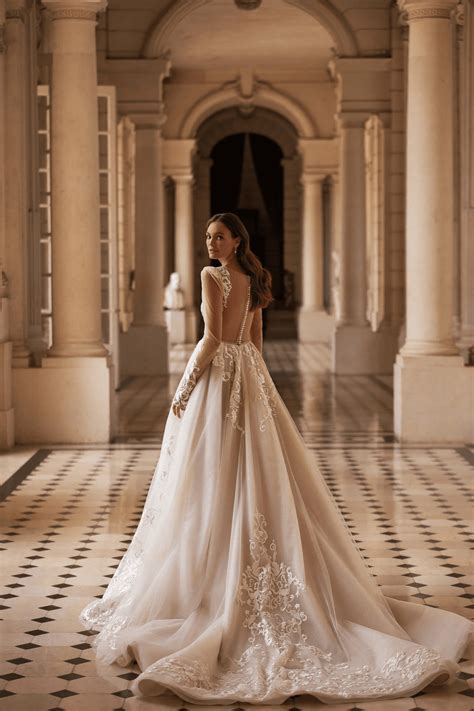 Ivory Lace Wedding Gown Long Sleeve - Aline Ball Gown Wedding Dress wi