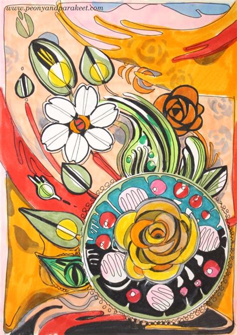 creating  floral art class peony  parakeet