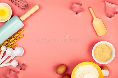 Baking or Cooking Ingredients on Pink Background, Flat Lay Stock Photo ...