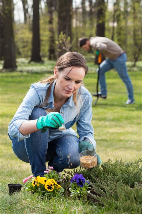 Woman fertilizing flowers stock photo. Image of pansy - 40232152