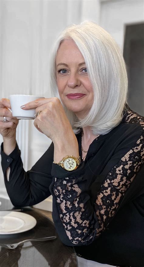 Embracing fifty. Chic white lob with black lace. Style over 50