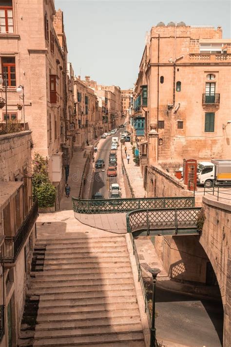 Elevated View of Valletta Historic Streets and Stone Bridge, Malta ...