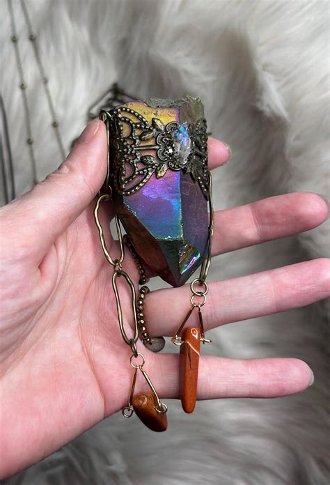 Rainbow Aura Quartz Statement Crystal Point Necklace • Witch Jewelry