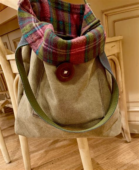 handbag olive green washed canvas tartan flannel lined reversible