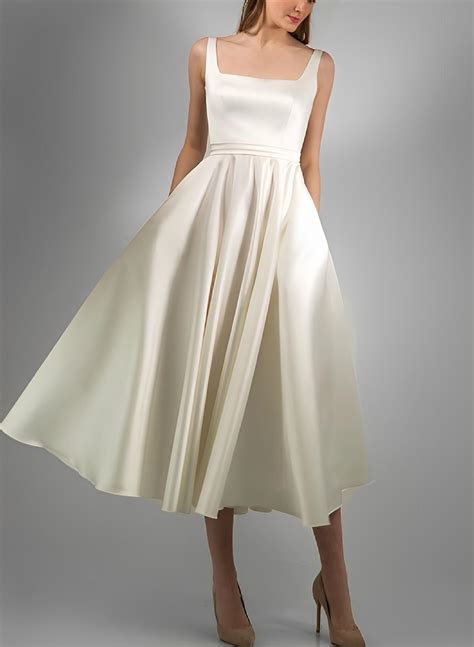 A-Line Square Neckline Sleeveless Tea-Length Satin Wedding Dresses With