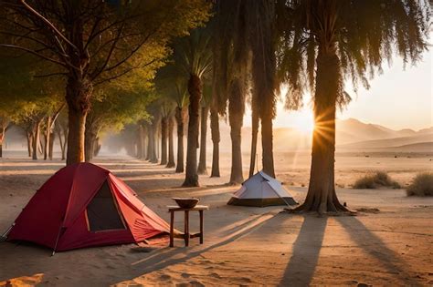 Premium AI Image | a camp site with a sun setting behind them