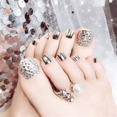 Silver Crystal Fake Toenails 24pcs Toe Nails Rhinestone False Nails ...