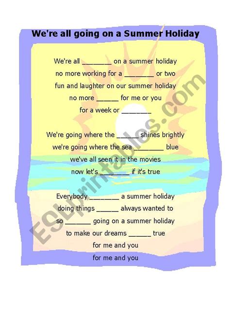 Song: Summer Holiday by Cliff Richard - ESL worksheet by gr8educator