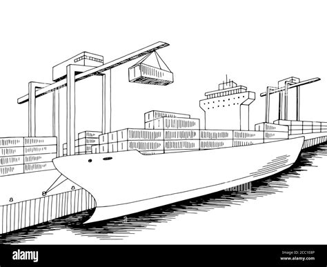 Port loading dry cargo ship graphic black white sea landscape sketch ...