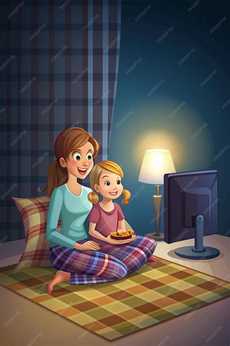 Mother and daughter watch tv at dark room Family night recreation home