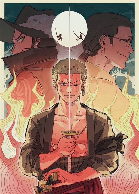 roronoa zoro, dracule mihawk, shimotsuki kuina, and koushirou (one