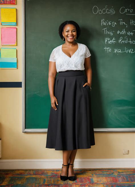 Lexica - Black teacher smiling next to black board wearing floor length