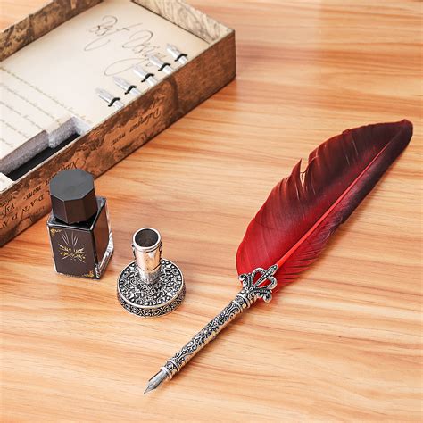Calligraphy Feather Dip Pen Writing Ink Set Stationery Gift Box with 5 ...