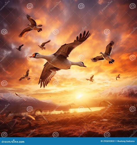 Flying geese during sunset stock illustration. Illustration of geese ...