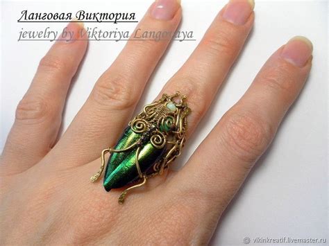 Перстень "Жук", wire wrap, крылья жука, натуральные камни – заказать на ...