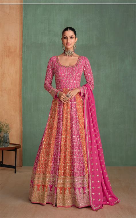 Georgette Anarkali gown wedding dress in Pink colour 5656