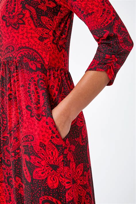Red Petite Paisley Print Midi Stretch Dress | Roman UK