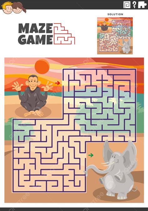 Maze Game Activity With Cartoon Animal Characters Fun Maze Game Chimp ...