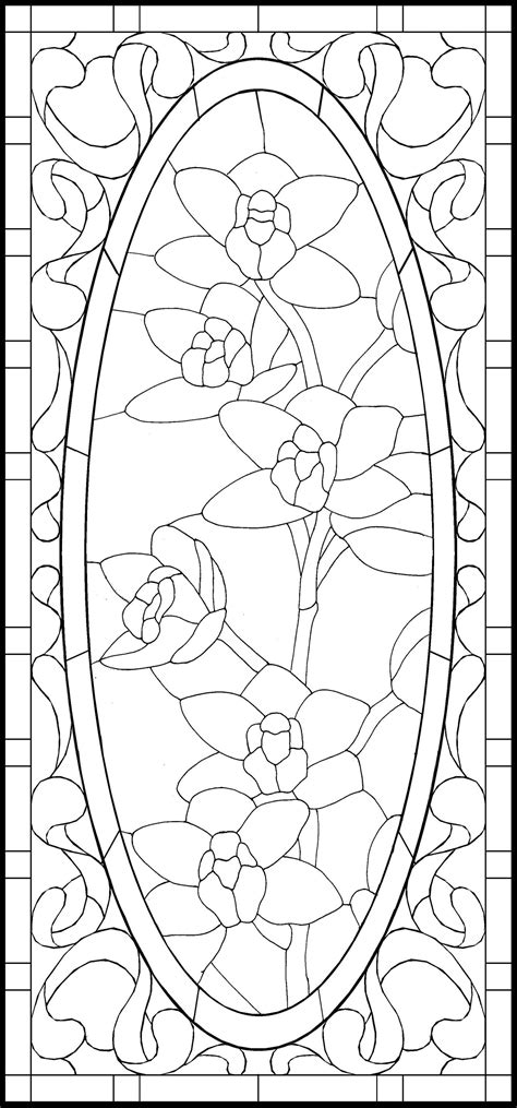 an oval stained glass window with flowers in the center and leaves on ...