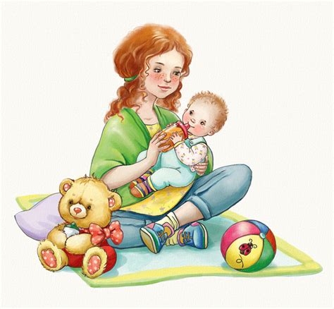 Иллюстрация мама и малыш в стиле книжная графика | Illustrators.ru