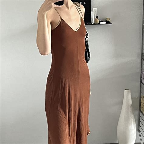 super flowy brown midi dress with golden straps... - Depop