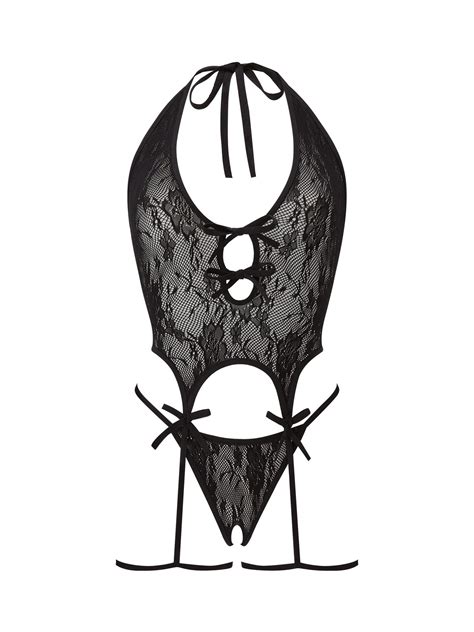 Buy Ann Summers Black Kourtney Lace Crotchless Cami Suspender Set from