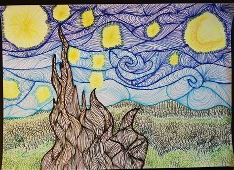 My first attempt at "The Starry Night" : r/Zentangle