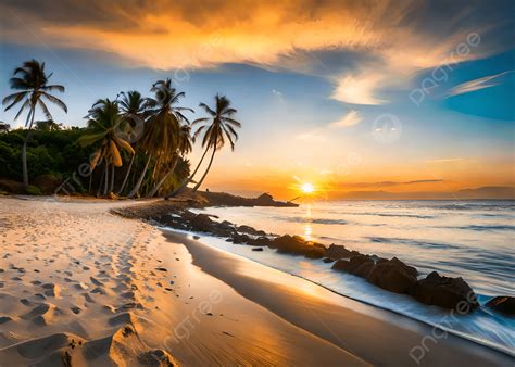 sunset   sea shore  palm trees  blue sky background
